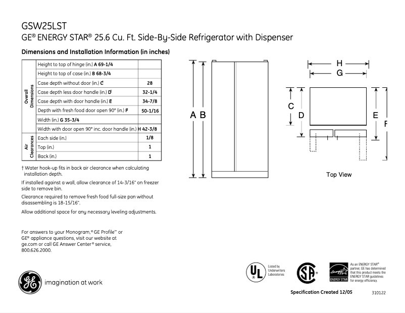 Page n°1 - Fiche technique GE GSW25LSTSS