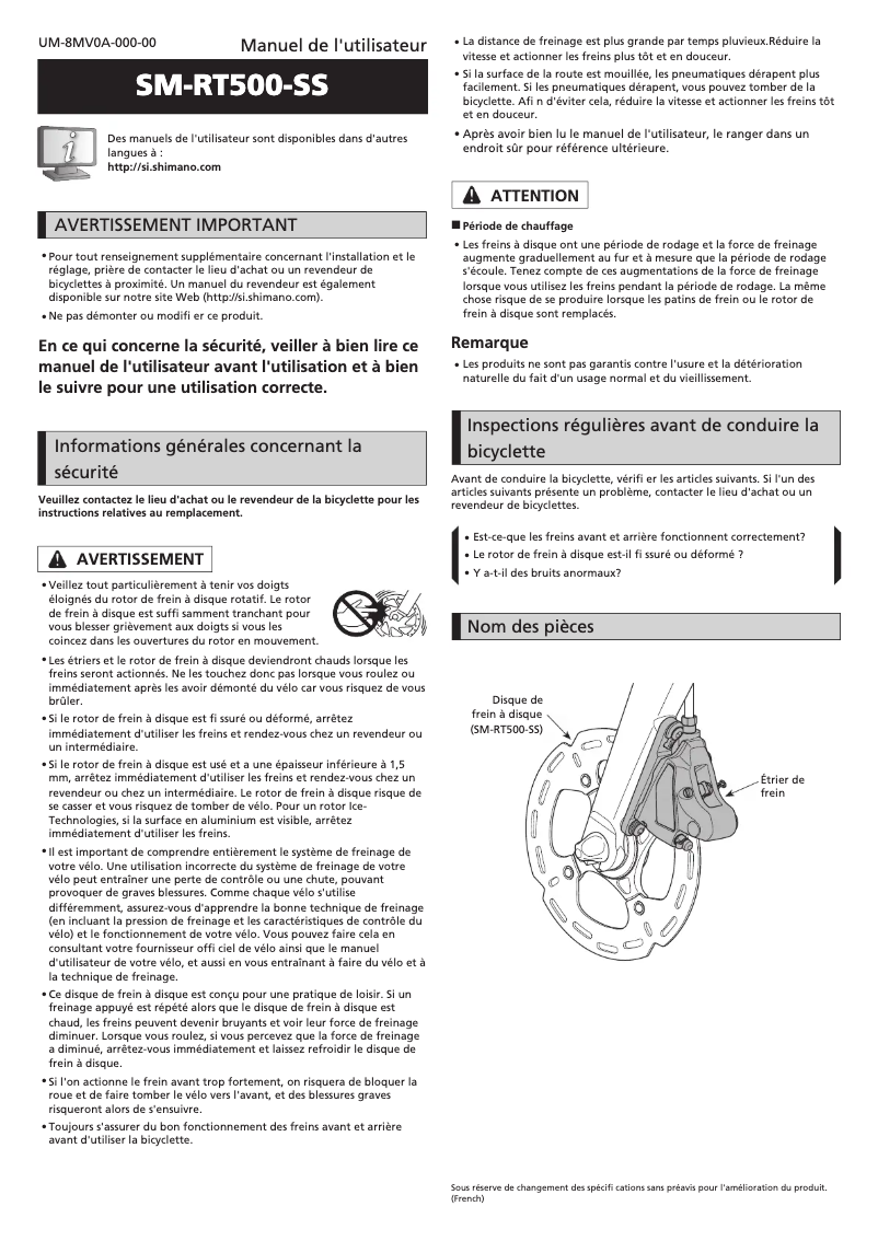 Page 1 de la notice Manuel utilisateur Shimano SM-RT500-SS