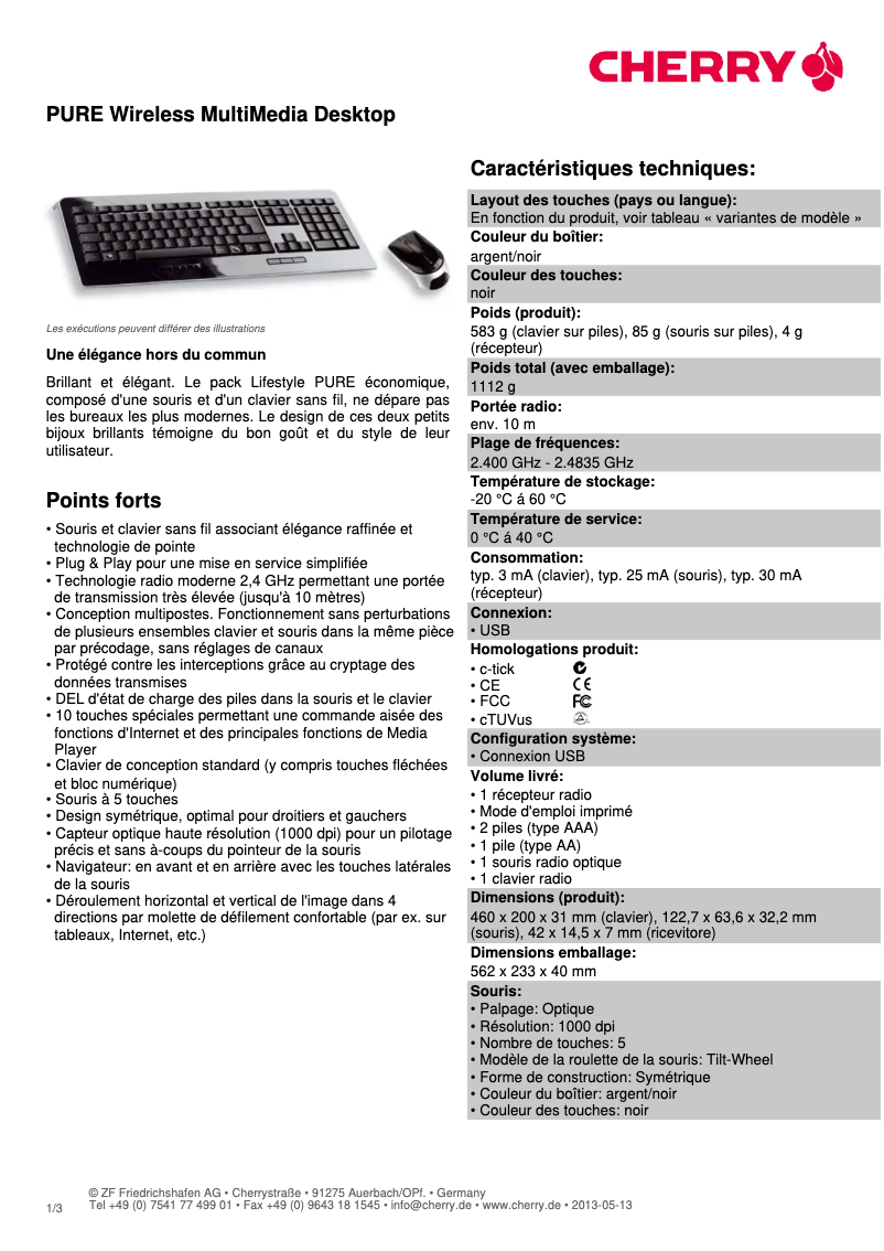 Page 1 de la notice Fiche technique Cherry PURE