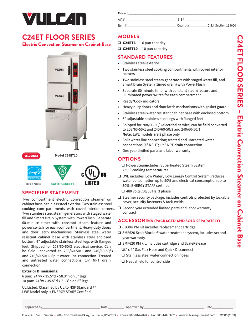 Page 1 de la notice Fiche technique Vulcan C24ET10-LWE