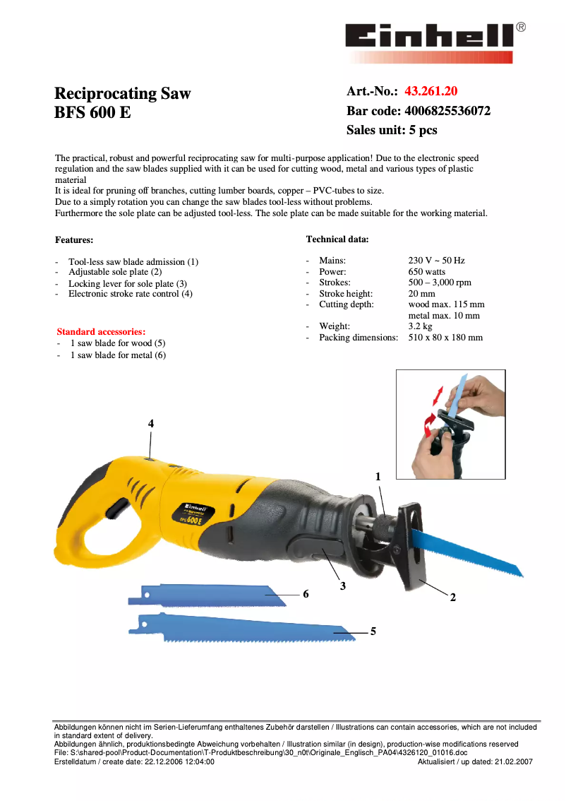 Page 1 de la notice Manuel utilisateur Bavaria by Einhell Bavaria BFS 600 E