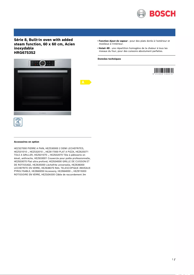 Page 1 of the manual Technical Sheet Bosch HRG6753S2
