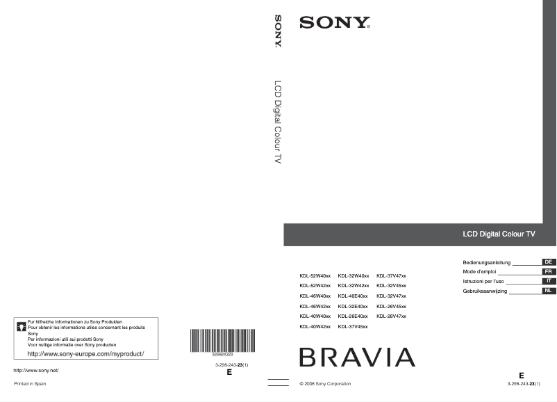 Page 1 de la notice Manuel utilisateur Sony Bravia KDL-32W4210