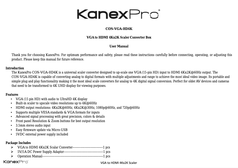Page 1 de la notice Manuel utilisateur KanexPro CON-VGA-HD4K