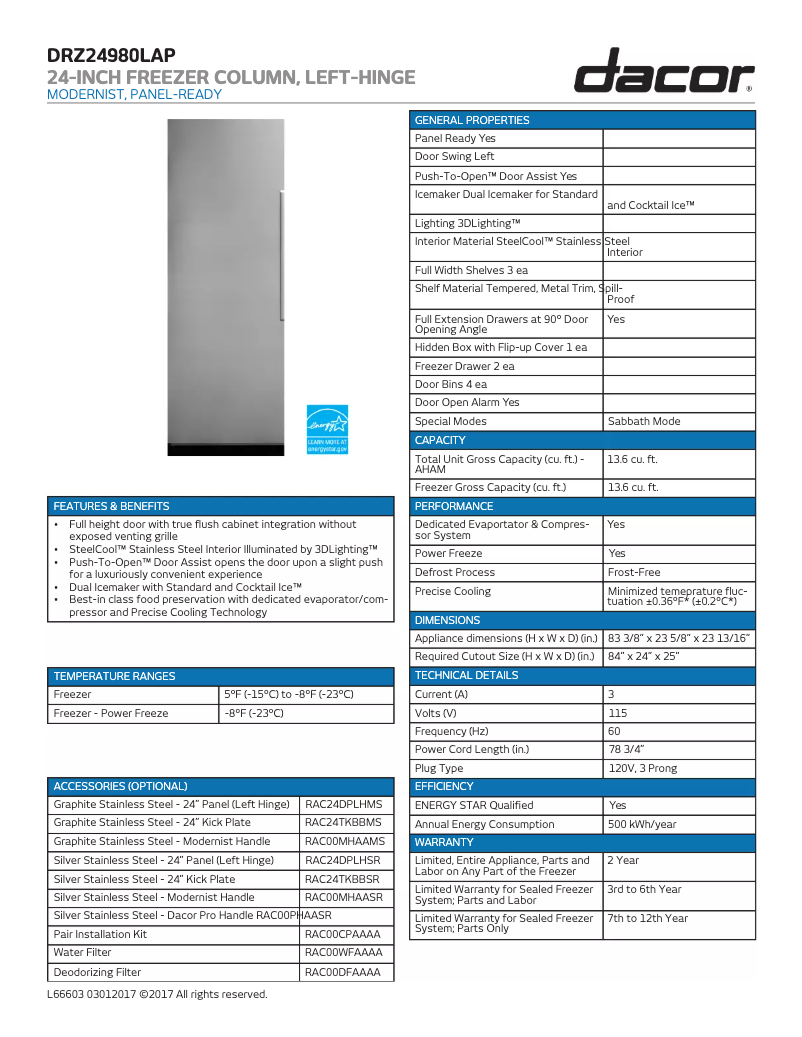 Page 1 de la notice Fiche technique Dacor Modernist DRZ24980RAP