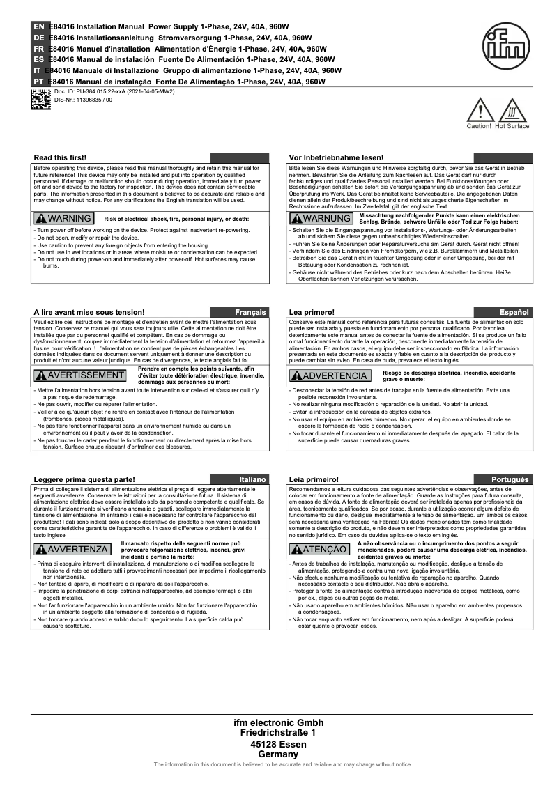 Page 1 de la notice Manuel utilisateur IFM E84016