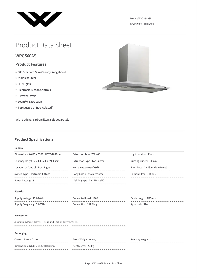 Página 1 del manual Ficha técnica Tisira WPCS60AS-L