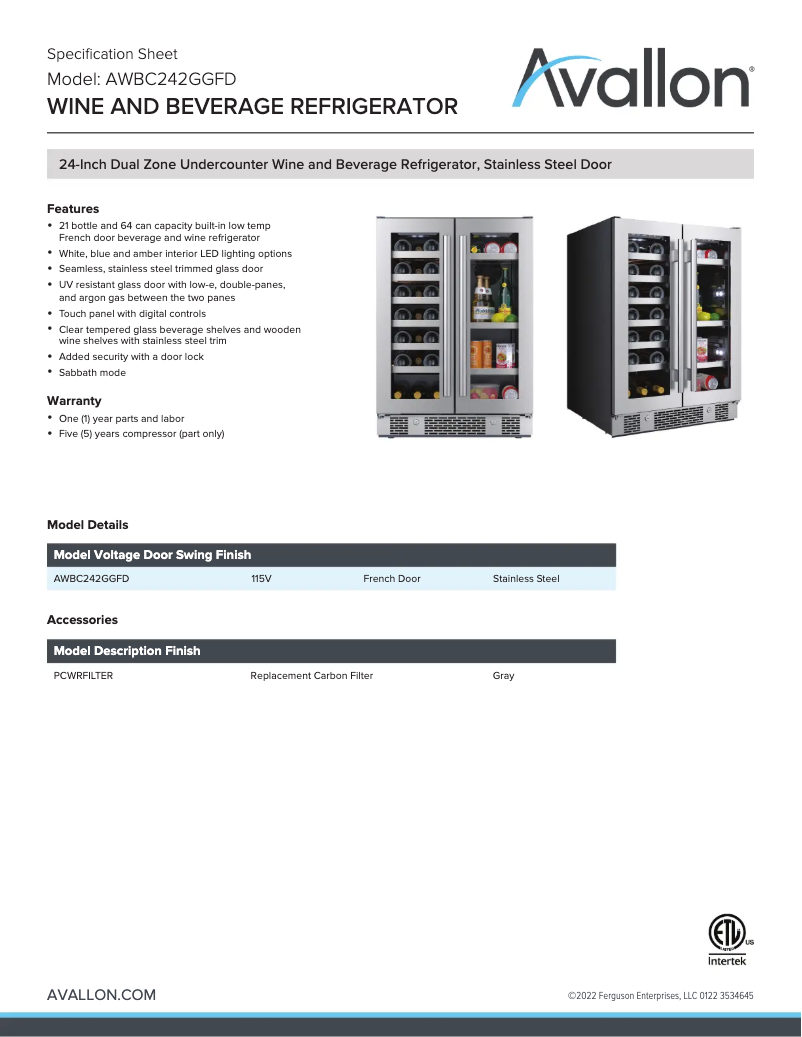 Page 1 de la notice Fiche technique Avallon AWBC242GGFD