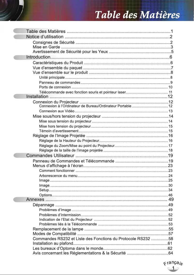 Page 1 de la notice Manuel utilisateur Optoma EP783L