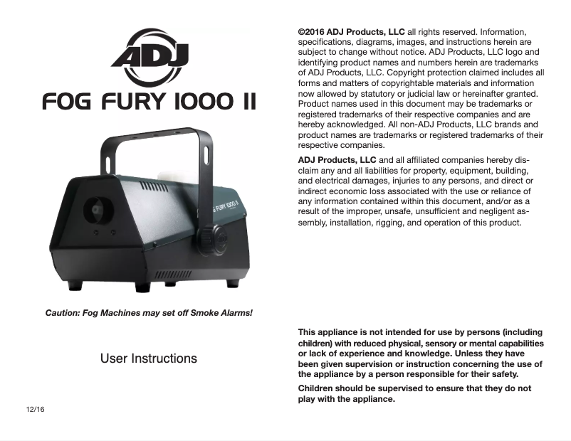 Page 1 of the manual User Manual American DJ Fog Fury 1000 II