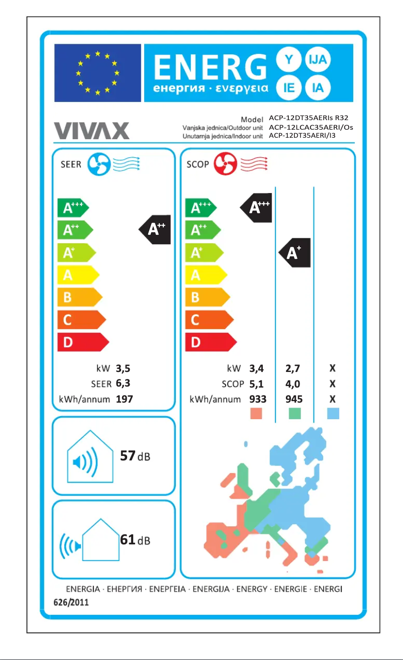 Page 1 of the manual Energy Label Vivax ACP-12DT35AERI/I3