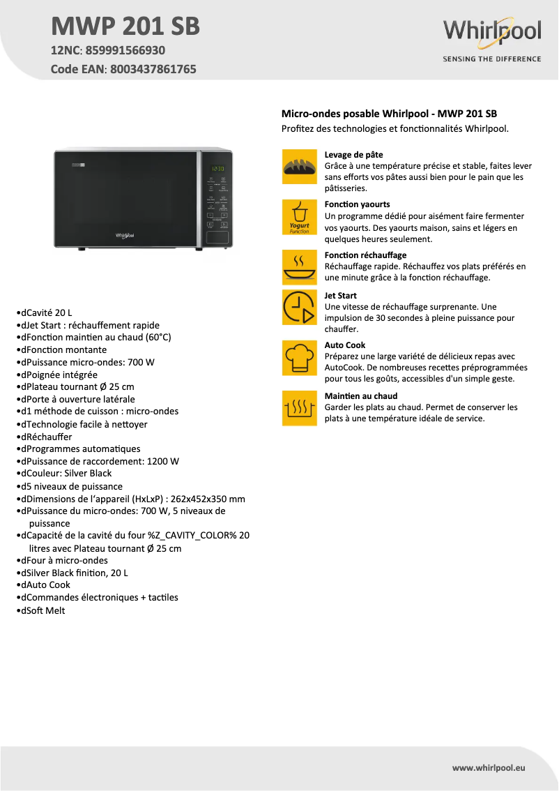 Página 1 del manual Ficha técnica Whirlpool Cook20 MWP 201