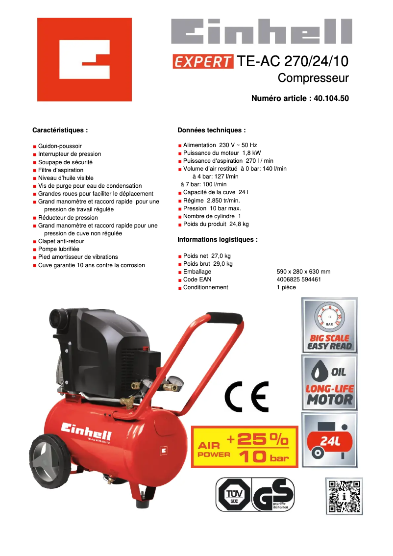 Page 1 de la notice Fiche technique Einhell TE-AC 36/6/8 Li