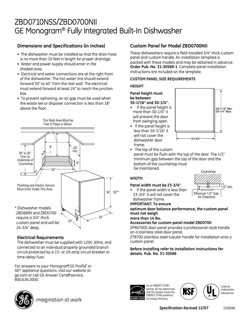 Page 1 de la notice Fiche technique GE ZBD0700NII