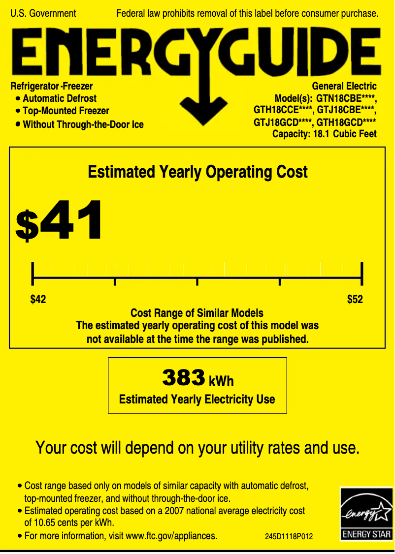 Page 1 de la notice Label énergétique GE GTH18GCDWW