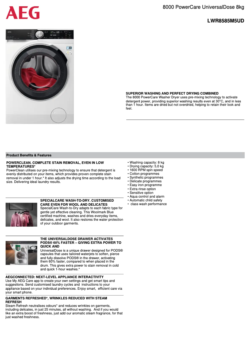 Page 1 de la notice Fiche technique AEG LWR8585M5UD