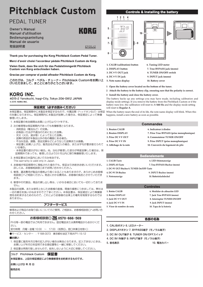Page 1 de la notice Manuel utilisateur Korg Pitchblack Custom
