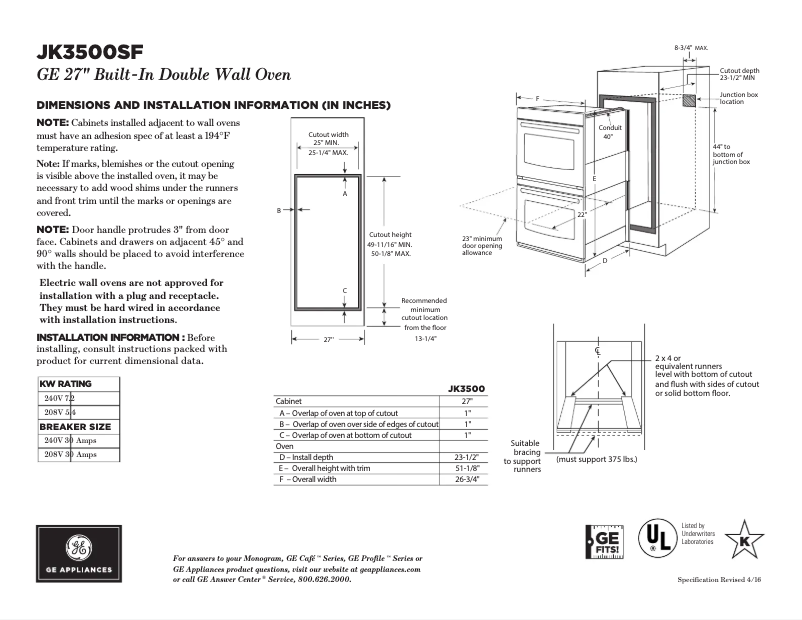Page 1 of the manual Technical Sheet GE JK3500SFSS