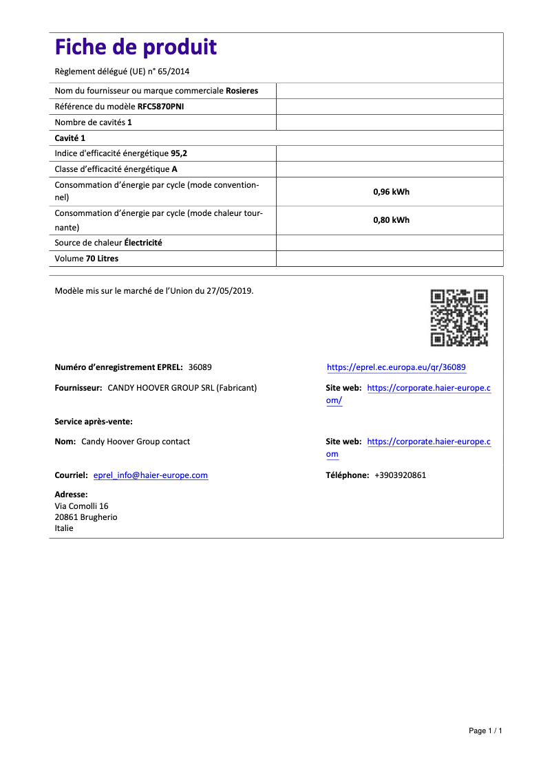 Page 1 de la notice Fiche technique Rosieres RFC5870PNI