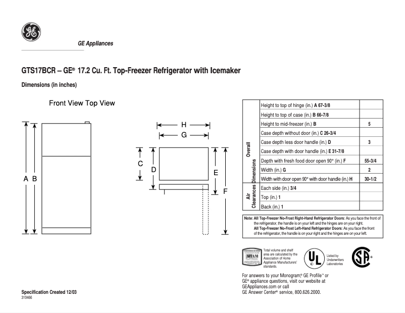Page n°1 - Fiche technique GE GTS17BCRRCC