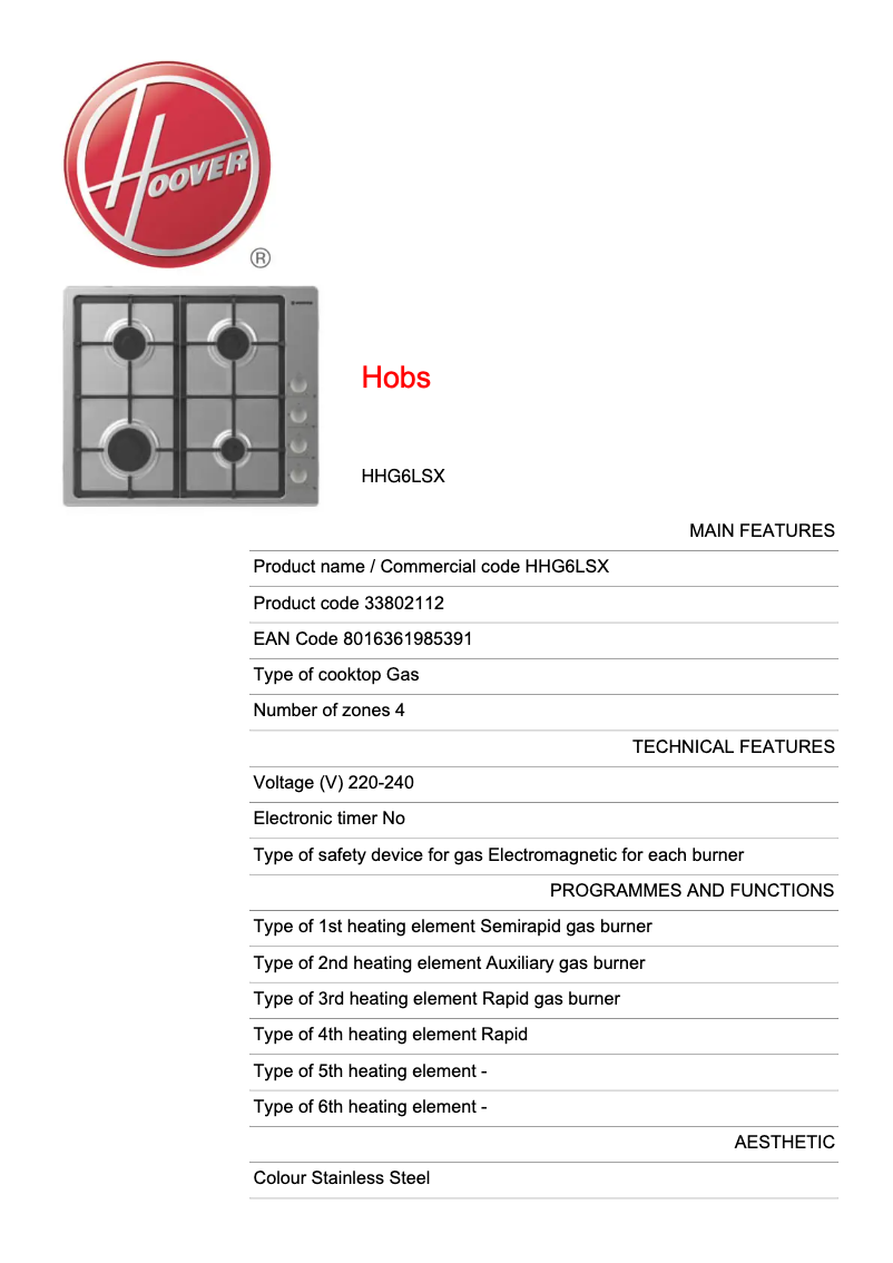 Page 1 de la notice Fiche technique Hoover HHG6LSX