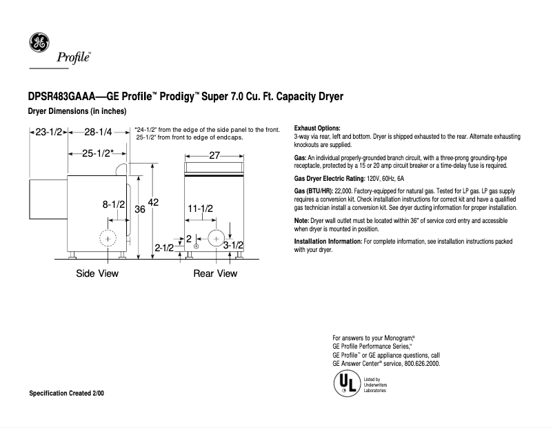 Página 1 del manual Ficha técnica GE Profile Prodigy DPSR483GAAA