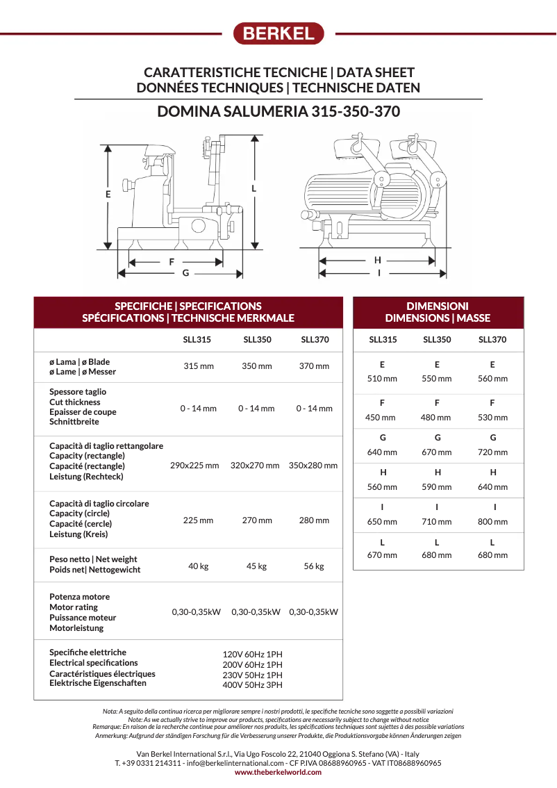 Page 1 de la notice Fiche technique Berkel Domina Salumeria SLL350