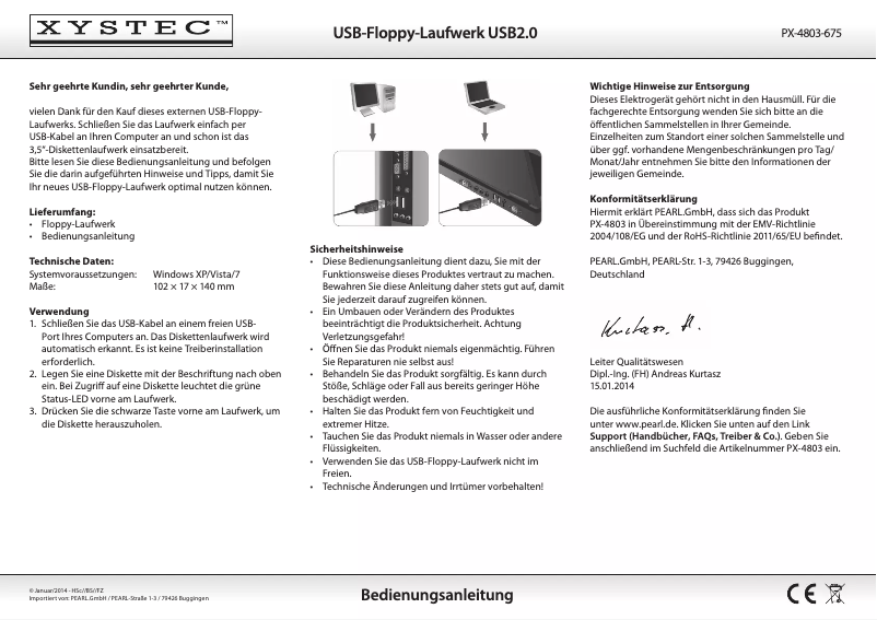 Page 1 of the manual User Manual Xystec PX-4803-675