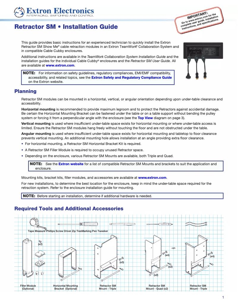 Page 1 de la notice Manuel utilisateur Extron Retractor SM VGA