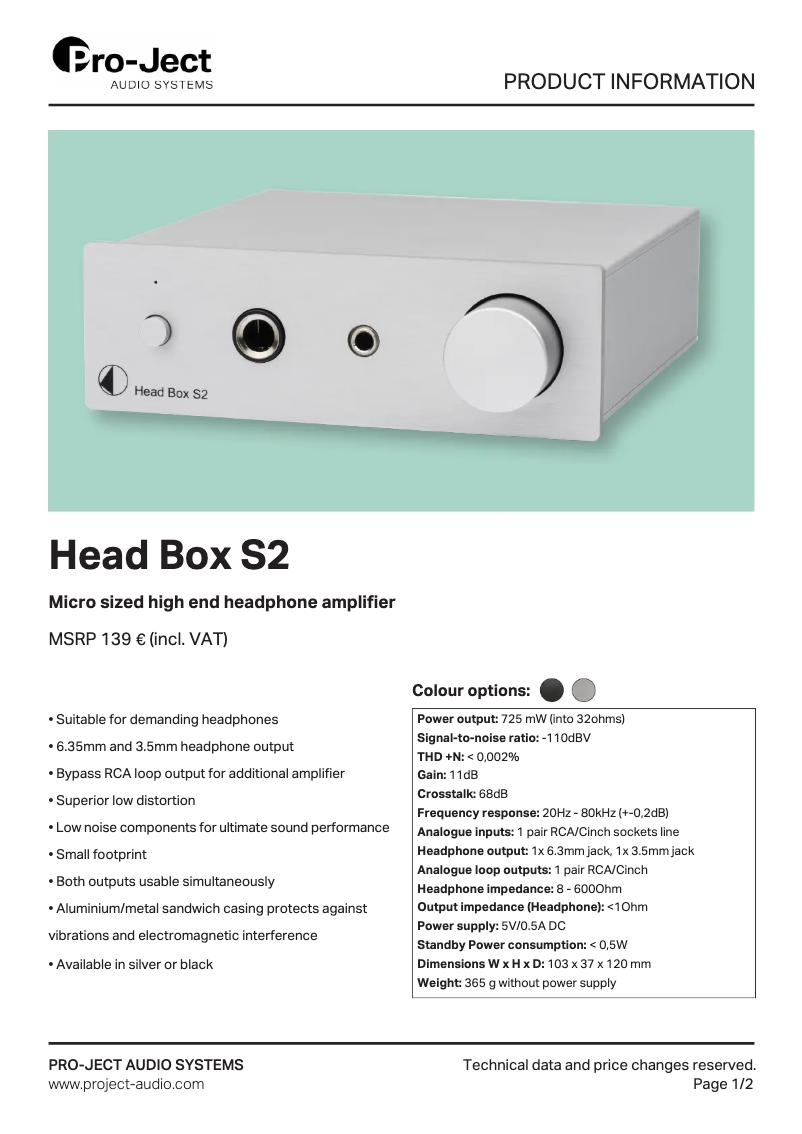 Page 1 of the manual Technical Sheet Pro-Ject Head Box S2