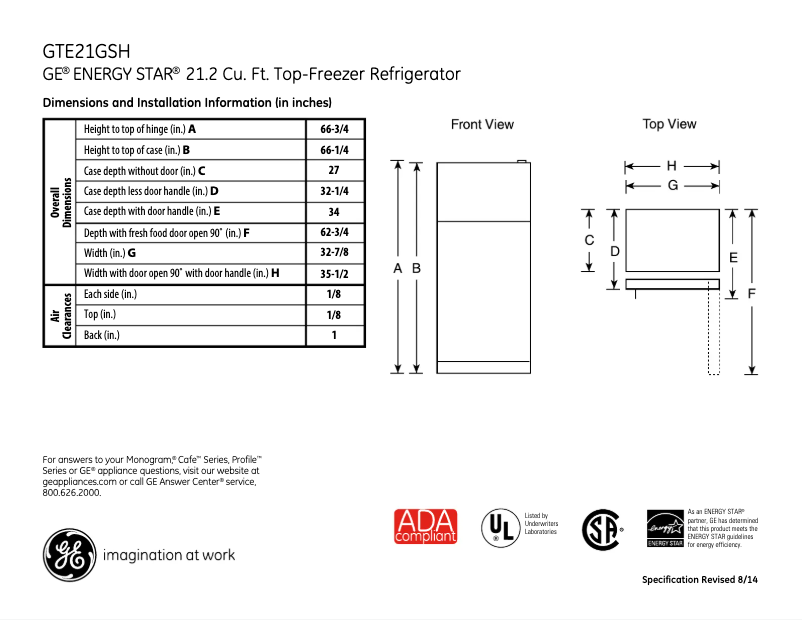 Page 1 of the manual Technical Sheet GE GTE21GTHBB