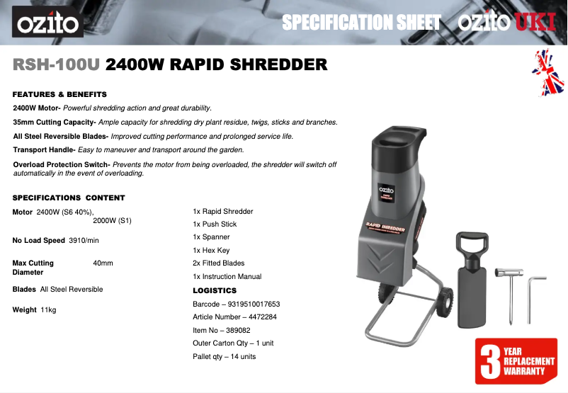 Page 1 de la notice Fiche technique Ozito RSH-100U