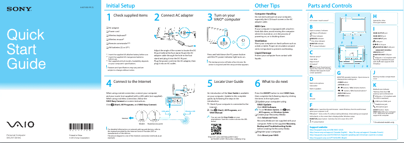 Page 1 de la notice Guide d'installation Sony Vaio SVL2411AFYB