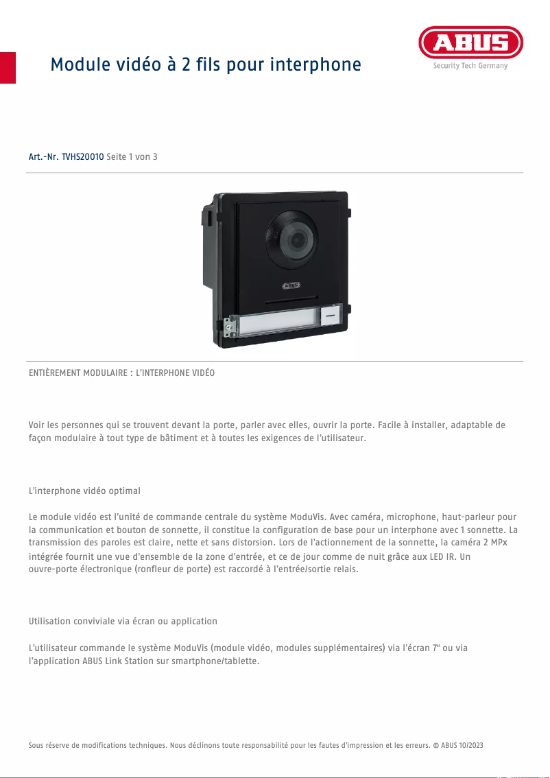 Page 1 de la notice Fiche technique Abus TVHS20010