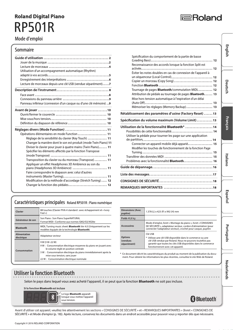 Page 1 de la notice Manuel utilisateur Roland RP501R