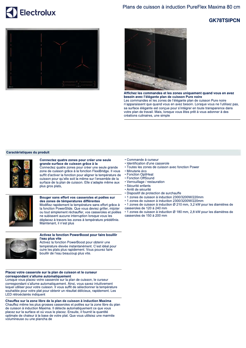 Page 1 de la notice Fiche technique Electrolux GK78TSIPCN