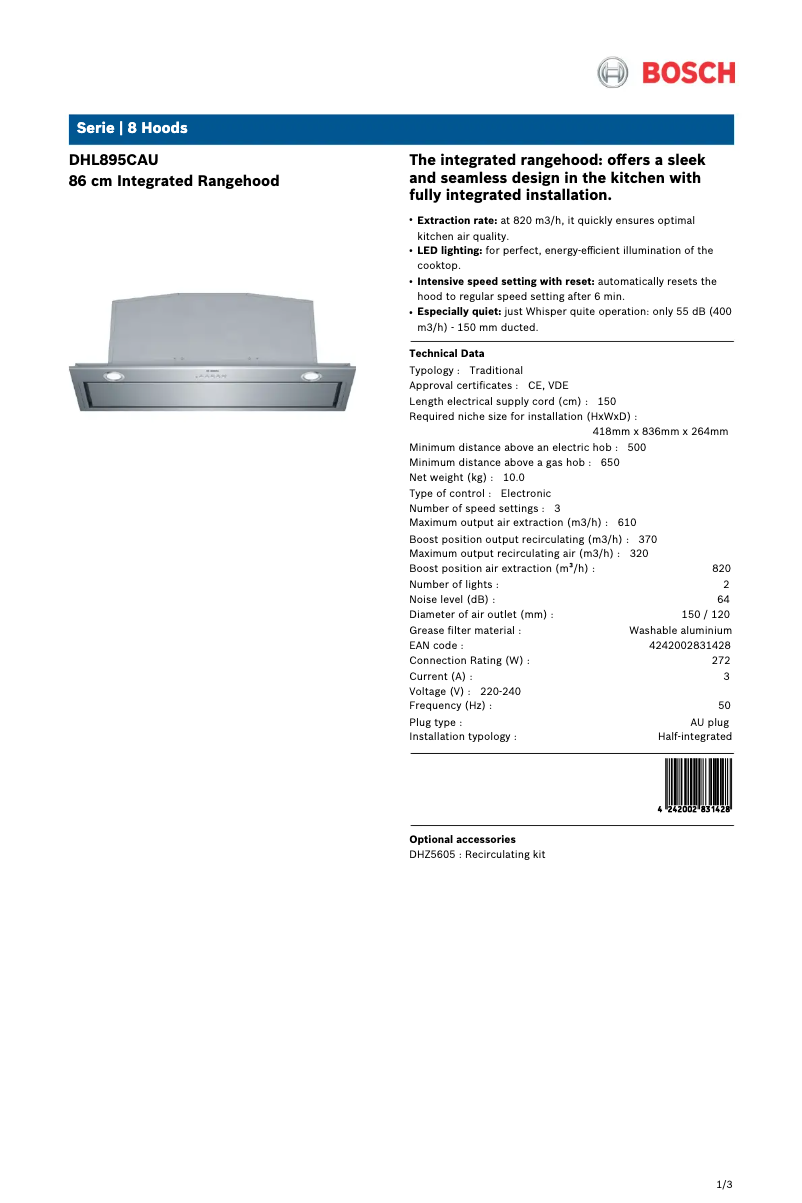 Page 1 de la notice Fiche technique Bosch DHL895CAU