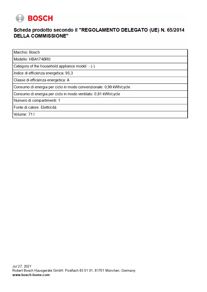 Page 1 de la notice Fiche technique Bosch HBA174BR0