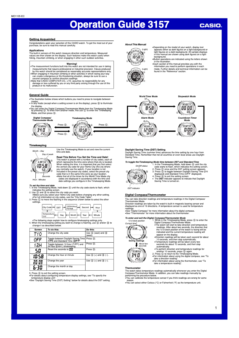 Page 1 de la notice Manuel utilisateur Casio Twin Sensor SGW100B-3V