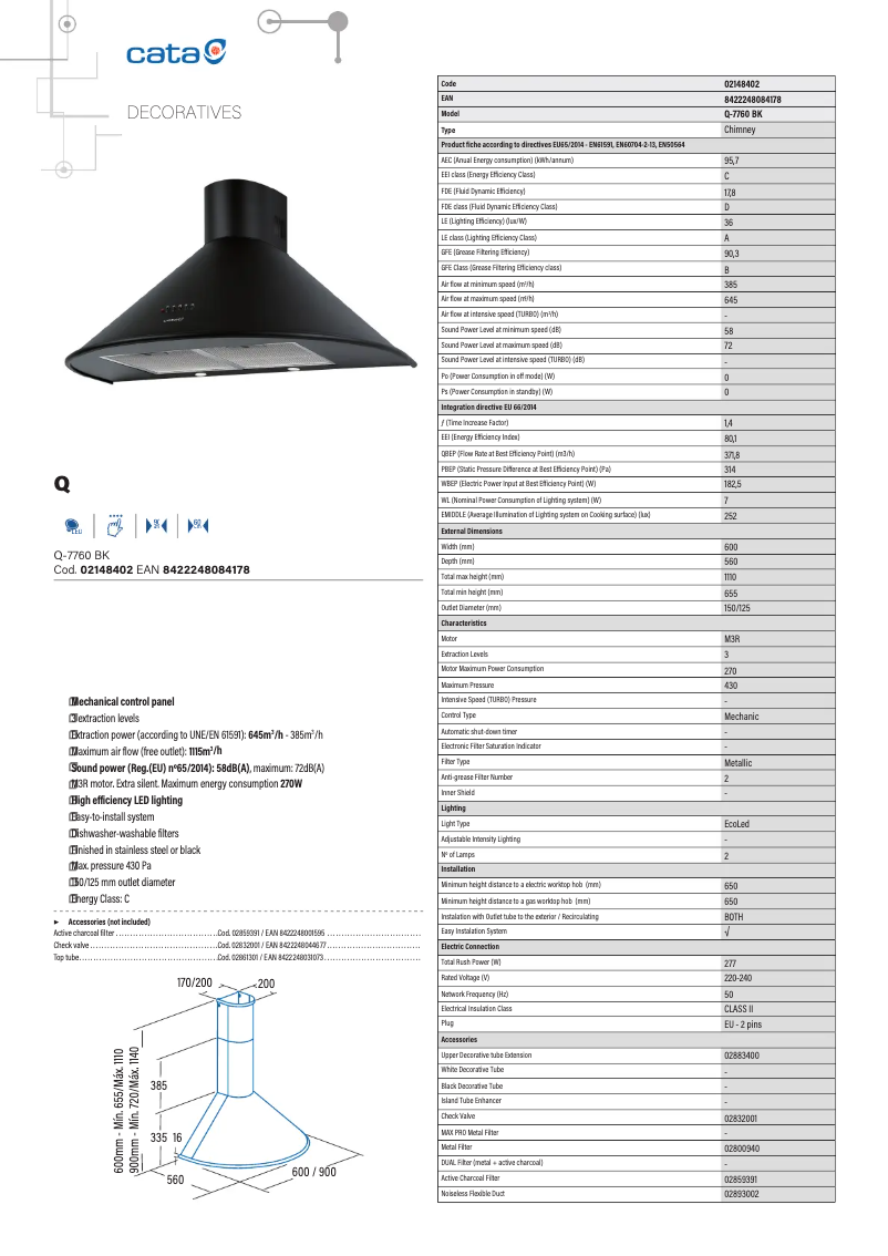 Page 1 de la notice Fiche technique CATA Q-7790 BK
