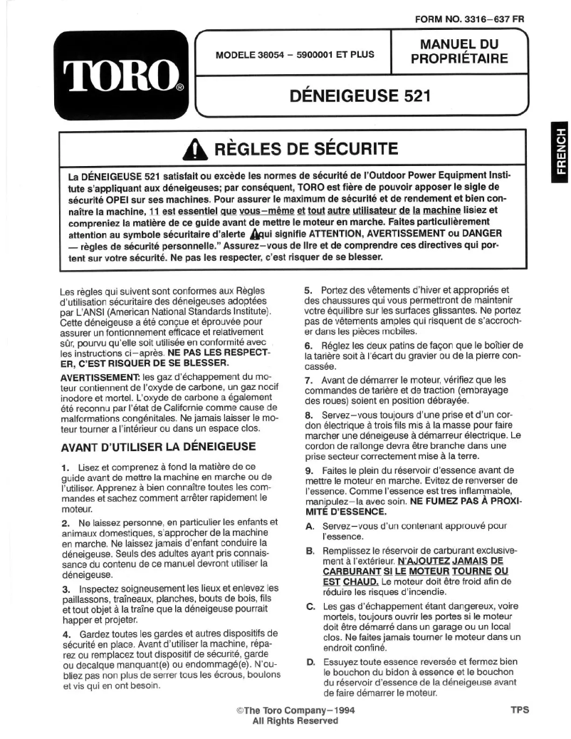 Page 1 de la notice Manuel utilisateur Toro 38054