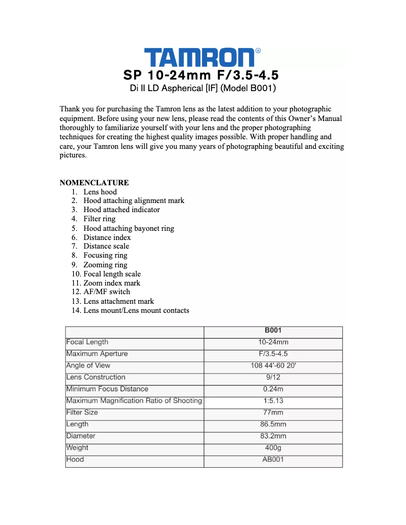 Page 1 de la notice Manuel utilisateur Tamron SP 10-24mm F-3.5-4.5
