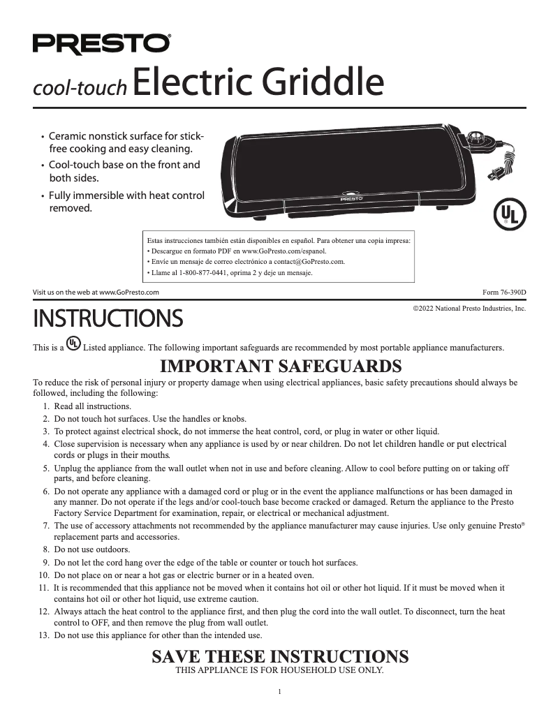 Page 1 de la notice Manuel utilisateur Presto cool-touch 07055