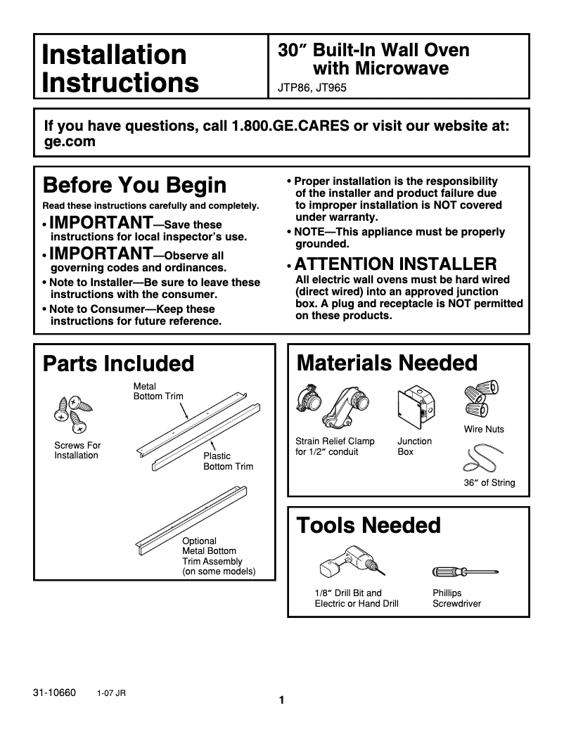 Page n°1 - Guide d'installation GE JTP86SHSS