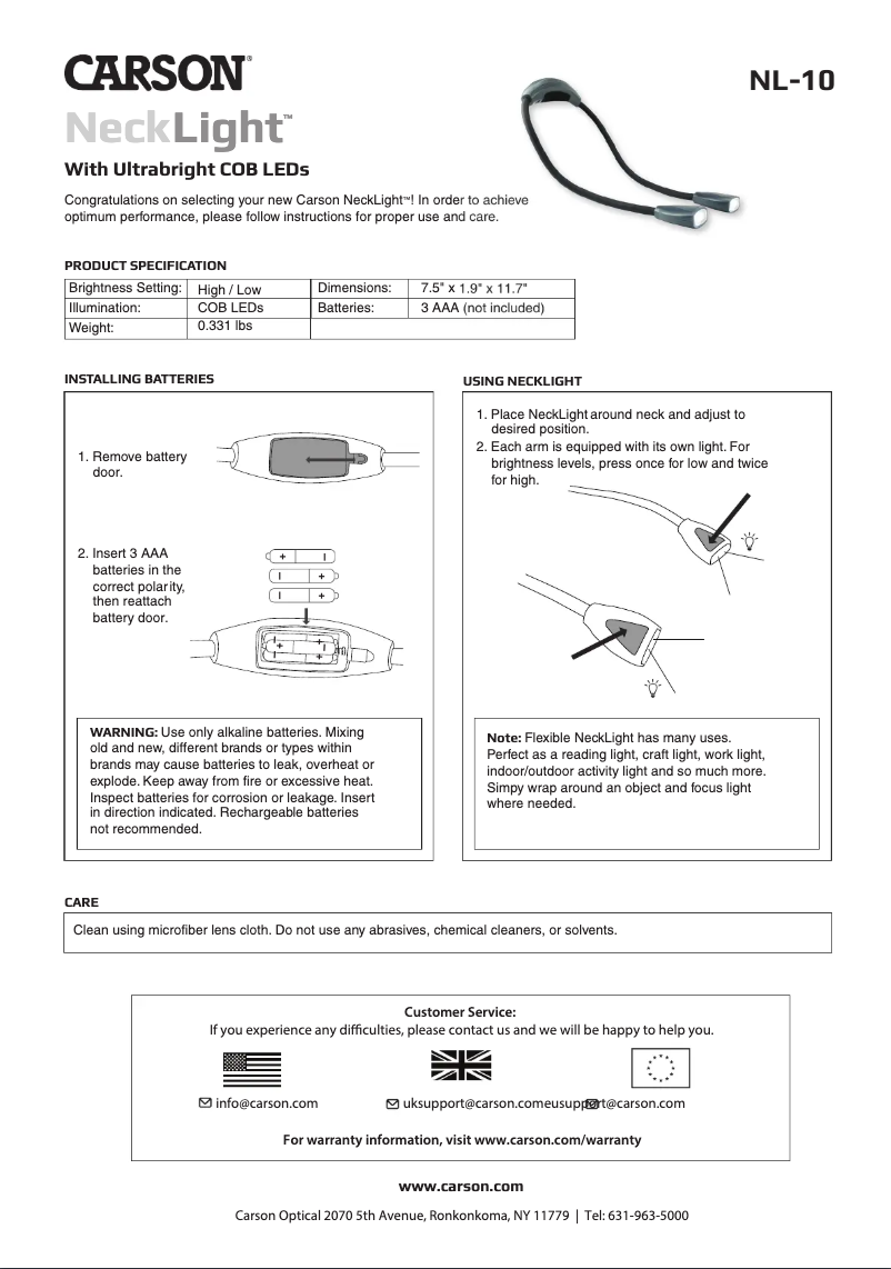 Page 1 de la notice Manuel utilisateur Carson NeckLight NL-10