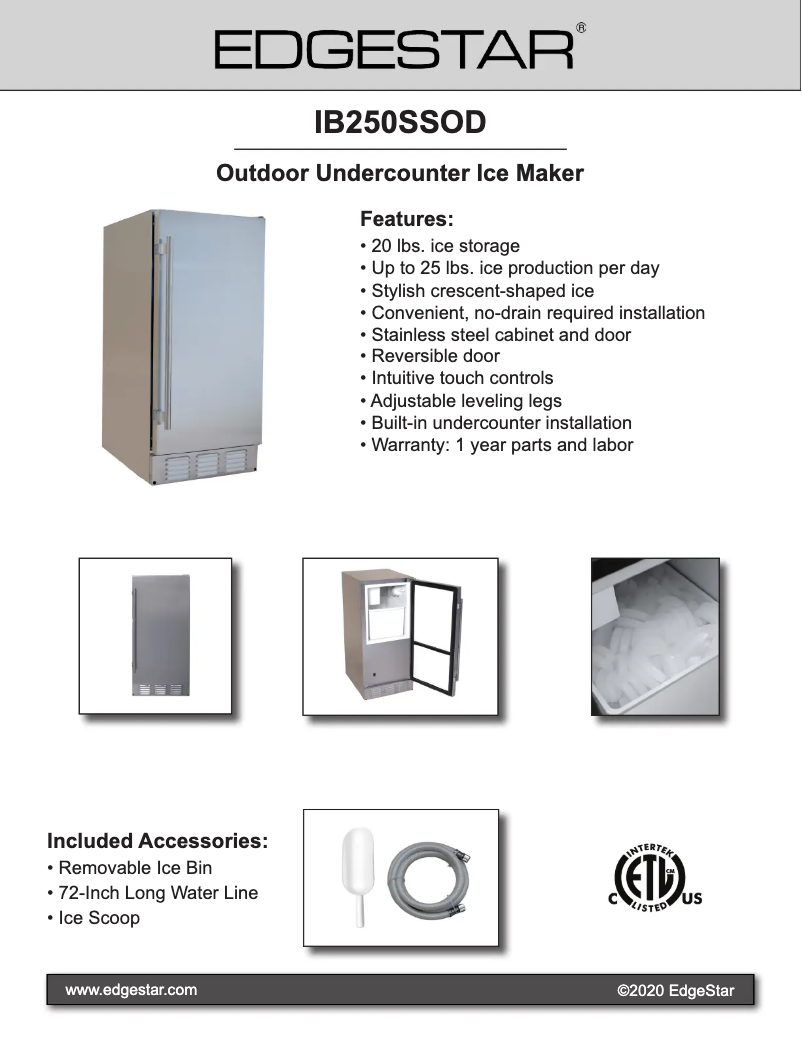 Page 1 de la notice Fiche technique EdgeStar IB250SSOD