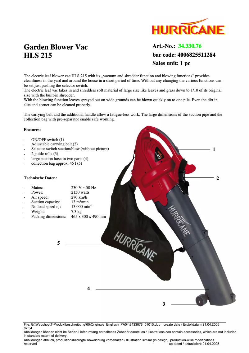 Page 1 de la notice Fiche technique Hurricane HLS 215