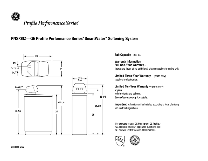 Página 1 del manual Ficha técnica GE Profile PNSF39Z