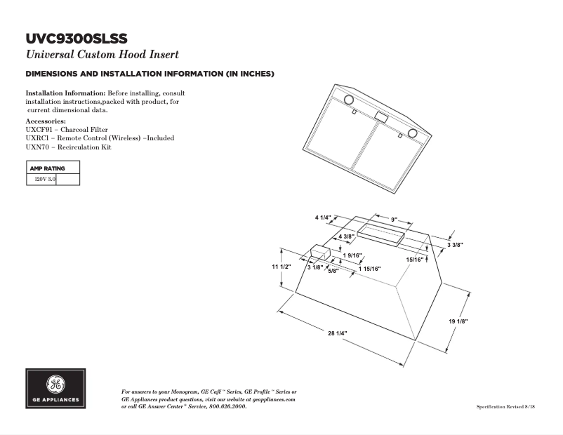 Página 1 del manual Ficha técnica GE UVC9300SLSS