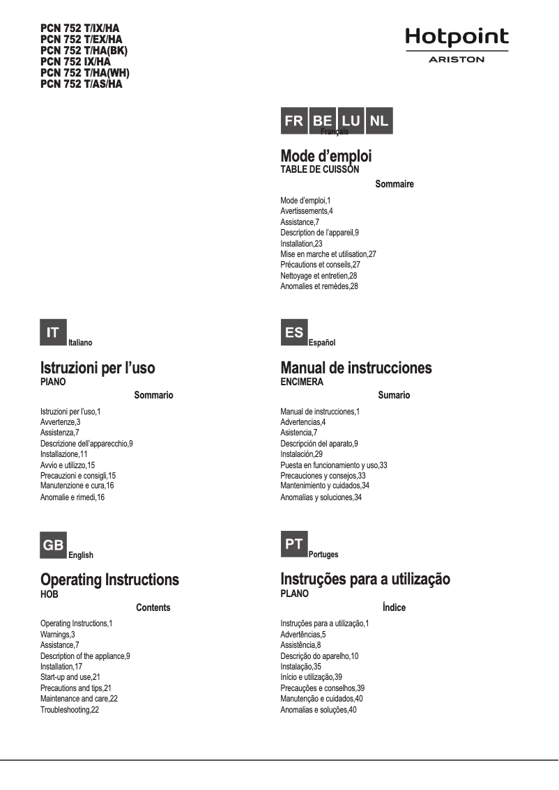 Página 1 del manual Manual de usuario Hotpoint Ariston PCN 752 U/IX/HA